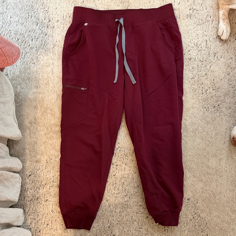 Figs Women’s Zamora Jogger Scrub Pants in Burgundy with Gray Drawstring